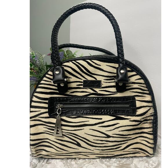 Isabella Adam's Black Pebbled Leather and Cream Zebra Print Bowler Bag - Picture 1 of 11